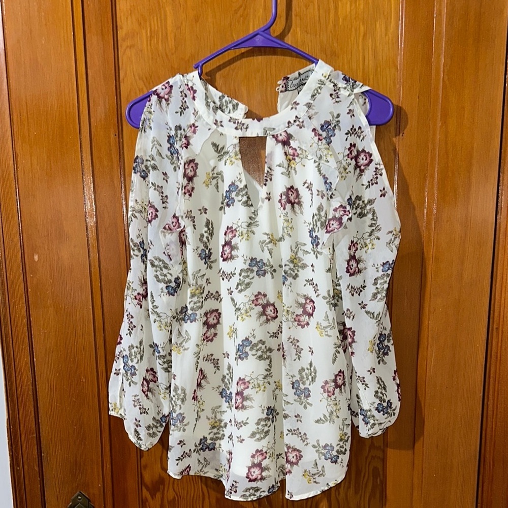 Crave fame White and Purple Blouse with Flutter Sleeves and Tie Front